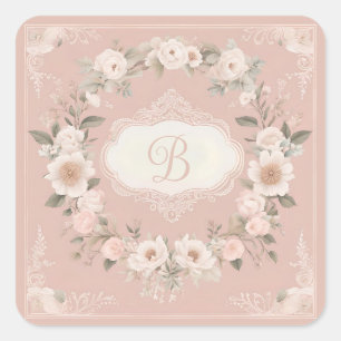 Pink Boho Floral Monogramm Quadratischer Aufkleber