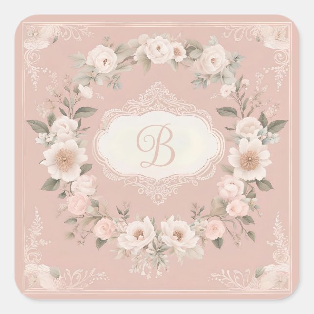 Pink Boho Floral Monogramm Quadratischer Aufkleber (Vorderseite)