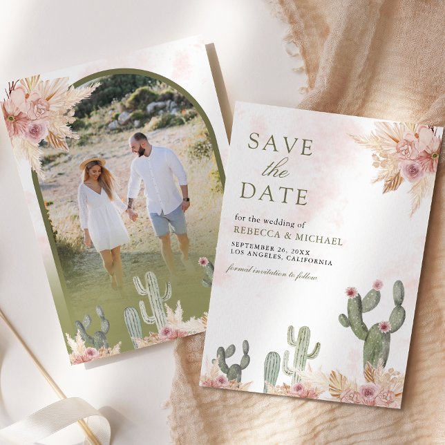 Pink Boho Floral Pampas Cactus Foto Wedding Save The Date (Von Creator hochgeladen)