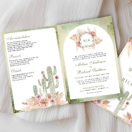 Pink Boho Floral Pampas Cactus QR Code Wedding Einladung