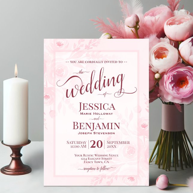 Pink Boho Floral Watercolor Stylish Script Wedding Einladung (Von Creator hochgeladen)