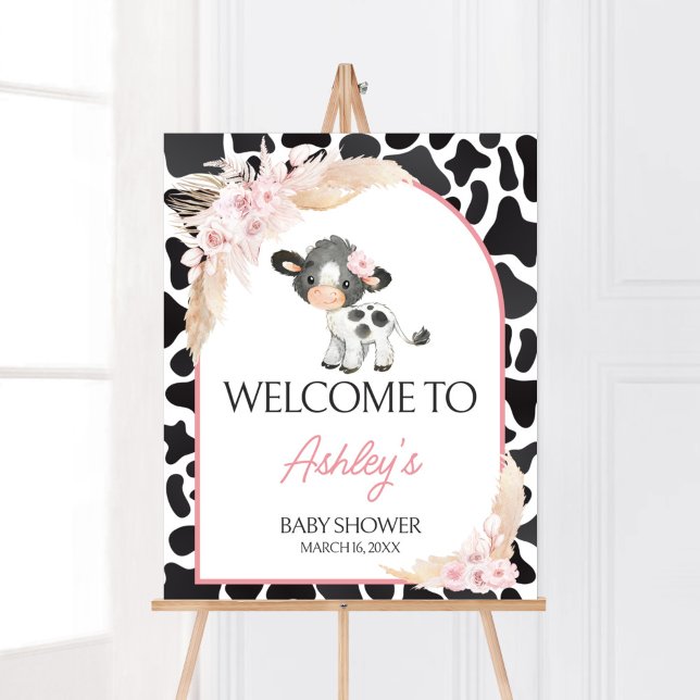 Pink Boho Highland Cow Willkommen Poster (Girl Floral Highland Cow Baby Shower Welcome Sign)