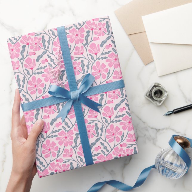 Pink Boho Mitte Jahrhundert Modernes Blumenmuster Geschenkpapier (Schenken)