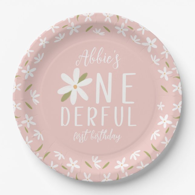 Pink Boho Onederful First Birthday Plate Pappteller (Vorderseite)