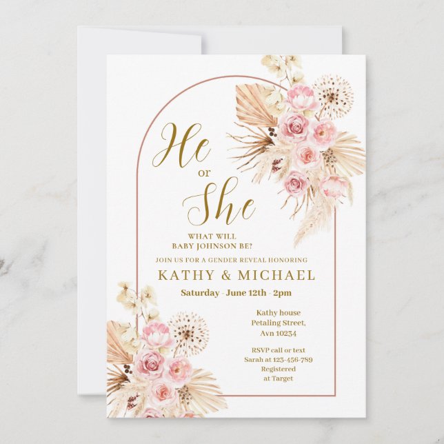 Pink Boho Pampas, er oder sie Geschlecht offen Einladung (Vorderseite)