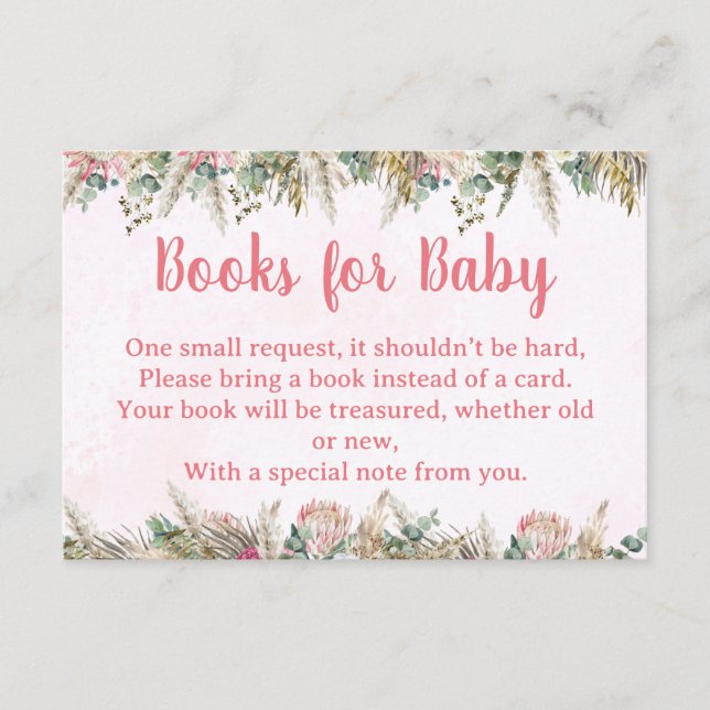 Pink Boho Pampas Grass Books for Baby Request Card Begleitkarte (Vorderseite)