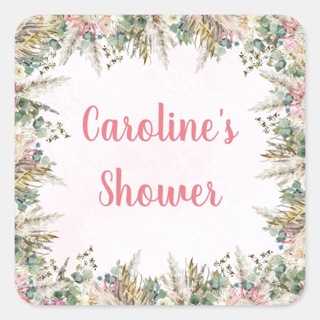 Pink Boho Pampas Grass Favor Stickers | Bridal (Vorderseite)