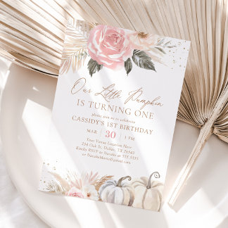 Pink Boho Pampas Grass Pumpkin 1. Geburtstag Einladung