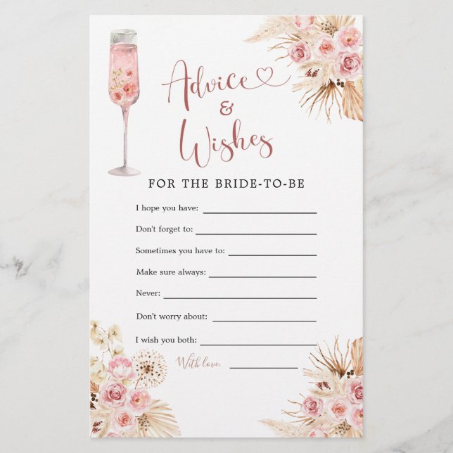 Pink Boho Petals and Prosecco Advice & Wish Card (Vorderseite)