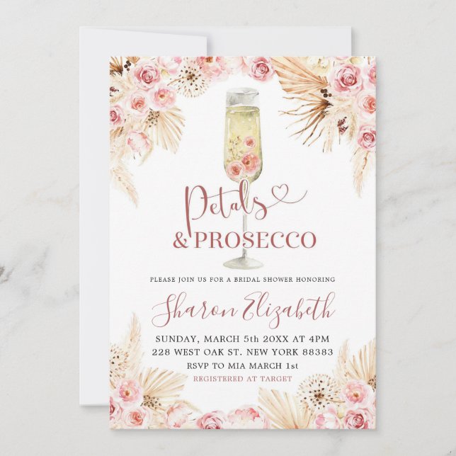 Pink Boho Petals and Prosecco Brautparty Theme Einladung (Vorderseite)