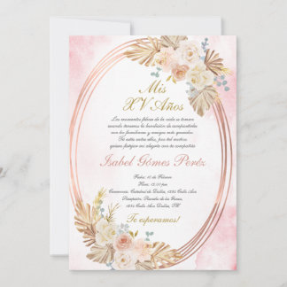 Pink boho Quinceanera invitation in Spanish Einladung