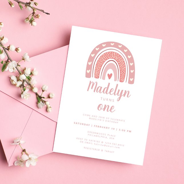 Pink Boho Rainbow Pattern Erster Geburtstag Einladung (Von Creator hochgeladen)