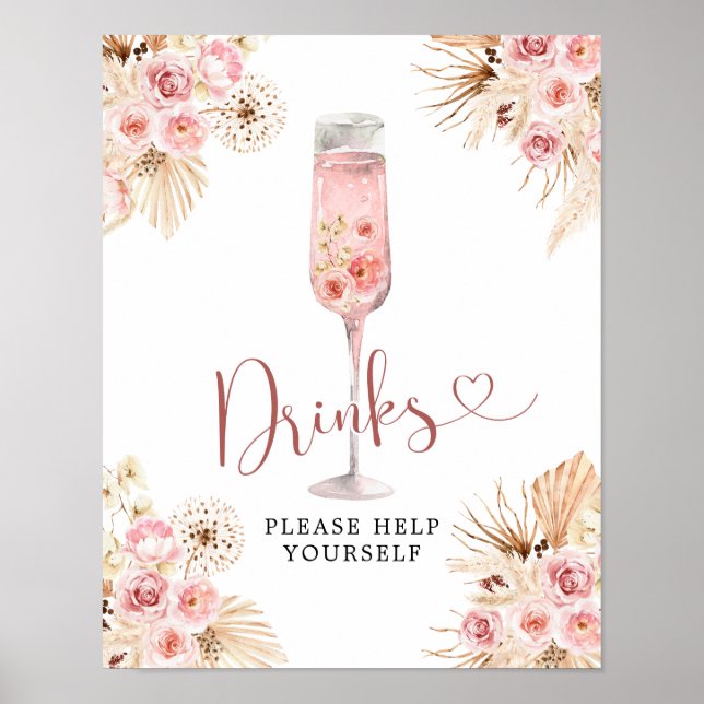 Pink Boho Rose Soiree Brautparty Drinks Unterschre Poster (Vorne)