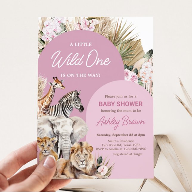Pink Boho Safari Baby Dusche Einladung (Girl Safari Animals Baby Shower Invitation)