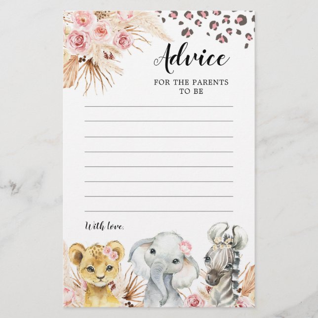 Pink Boho Safari Party Tierberatung für Eltern (Vorderseite)