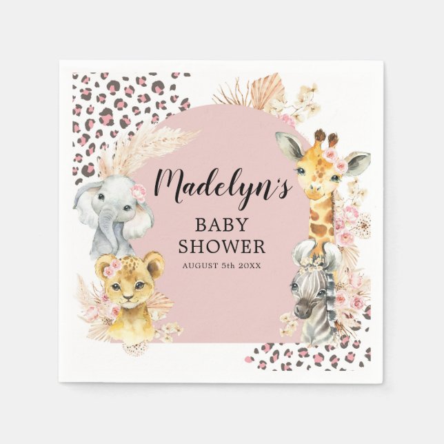 Pink Boho Safari Party Tiere Girals Paper Napkin Serviette (Vorderseite)
