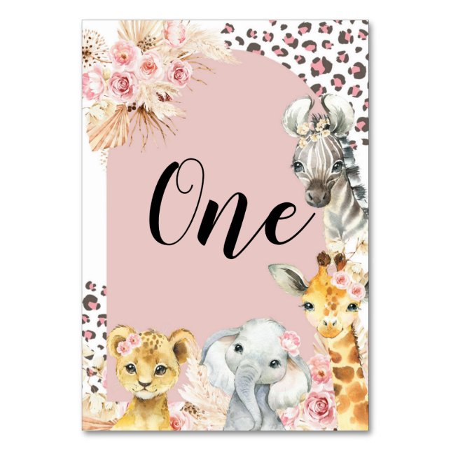 Pink Boho Safari Party Tiere Girl Tischnummer (Vorderseite)