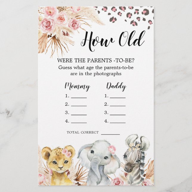 Pink Boho Safari Party Tiere Wie alt Eltern (Vorderseite)