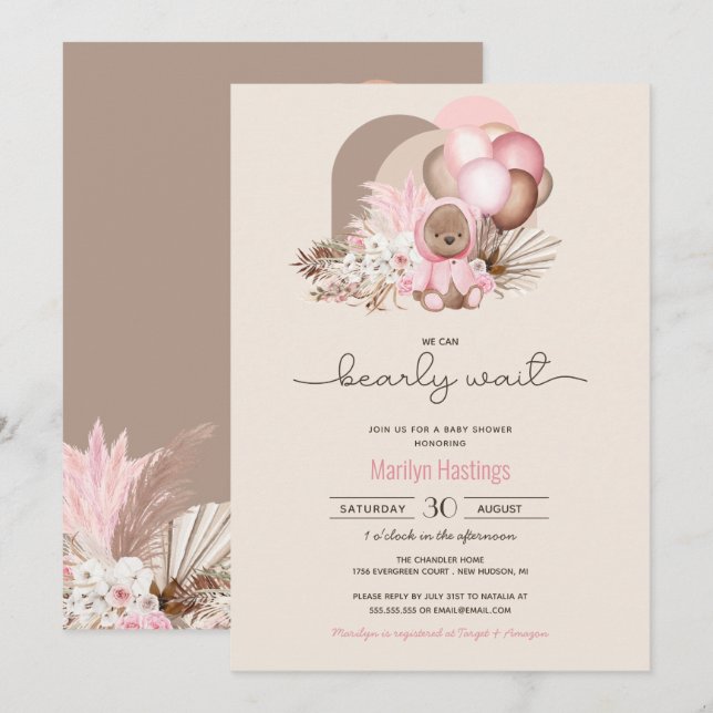 Pink Boho Teddy Bear Girl Babydusche warten Einladung (Vorne/Hinten)