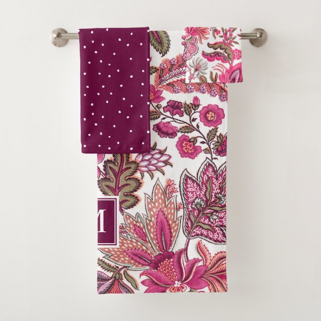 Pink Boho Vintag Floral Monogramm Badhandtuch Set (Insitu)