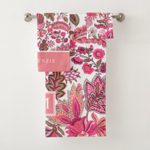 Pink Boho Vintag Floral Monogramm Badhandtuch Set