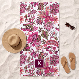 Pink Boho Vintag Floral Monogramm Strandtuch