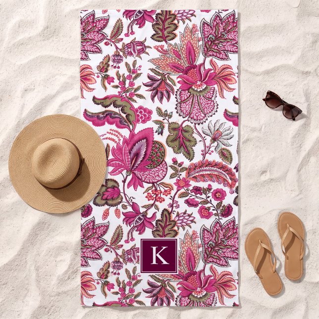 Pink Boho Vintag Floral Monogramm Strandtuch (Von Creator hochgeladen)