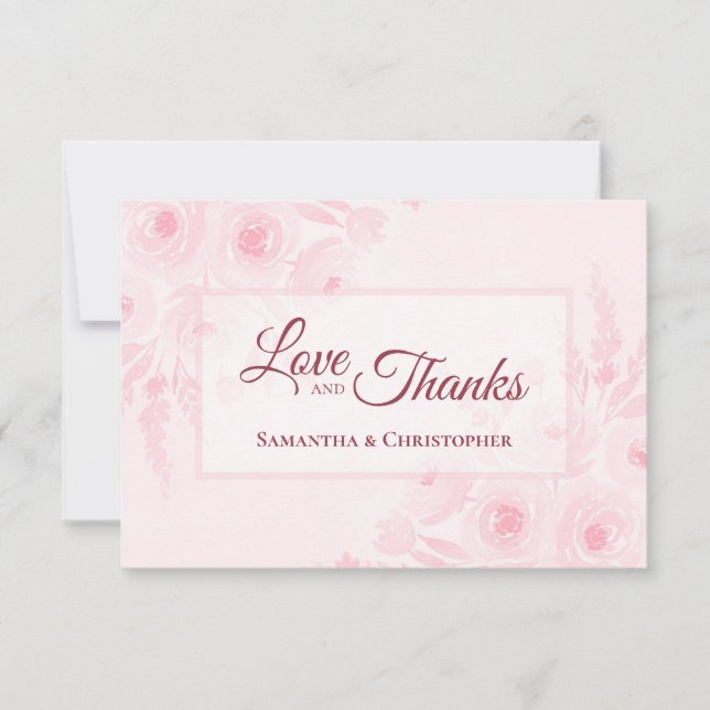 Pink Boho Watercolor Floral Love & Thanks Wedding Dankeskarte (Vorderseite)