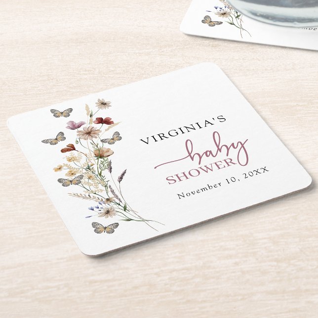 Pink Boho Wildblume Baby Dusche Untersetzer (Dusty Pink Boho Wildflower Baby Shower Coaster with Butterflies by Painted Paperie
)
