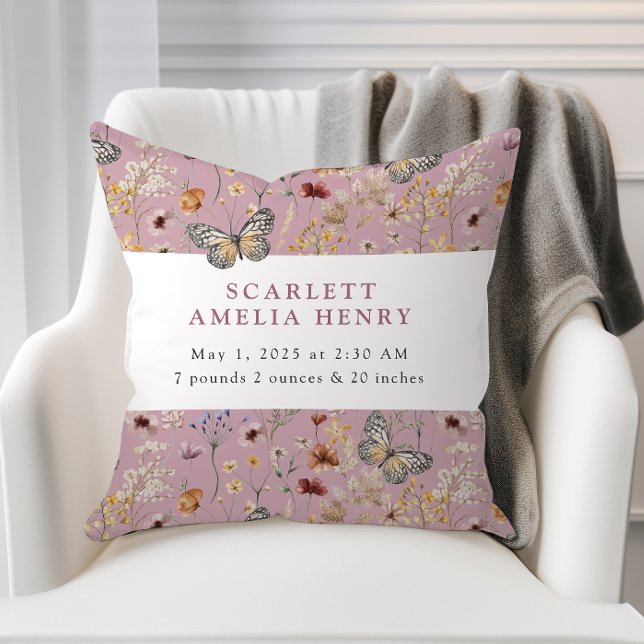 Pink Boho Wildblume Baby Stats Kissen (Dusty Pink Boho Wildflower Baby Stats Throw Pillow with Butterflies by Painted Paperie
)