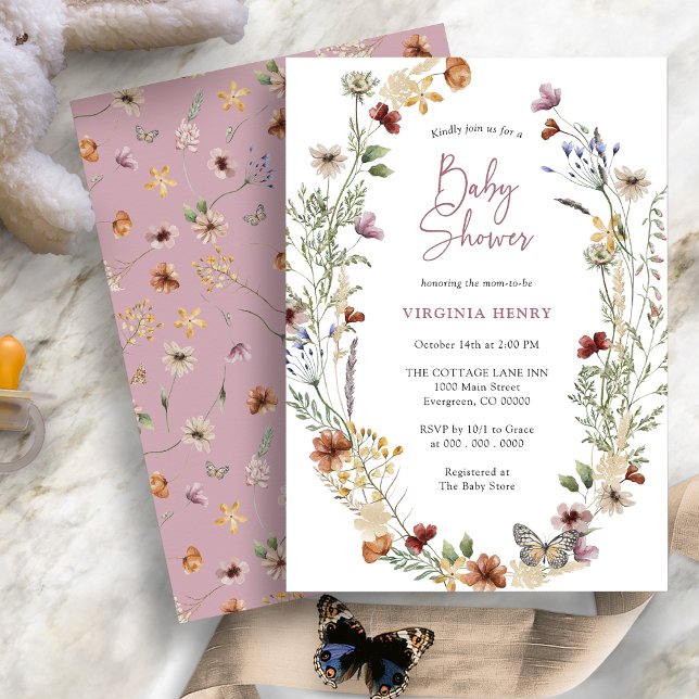 Pink Boho Wildblume Kinderdusche Einladung (Dusty Pink Boho Wildflower Baby Shower Invitation with Butterfly by Painted Paperie
)