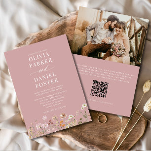 Pink Boho Wildblume QR Code Foto Hochzeit Einladung