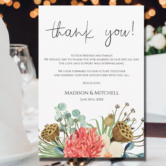 Pink Boho Wildblume Watercolor Bouquet Wedding Dankeskarte (Von Creator hochgeladen)