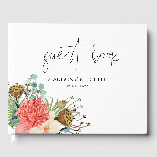 Pink Boho Wildblume Watercolor Bouquet Wedding Gästebuch (Vorderseite)