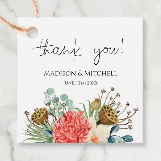 Pink Boho Wildblume Watercolor Bouquet Wedding Geschenkanhänger (Vorderseite)