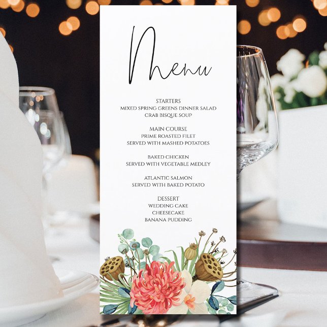 Pink Boho Wildblume Watercolor Bouquet Wedding Menükarte (Von Creator hochgeladen)