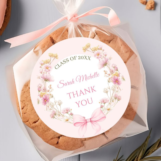 Pink Boho Wildflowers Graduation Party Runder Aufkleber (Von Creator hochgeladen)