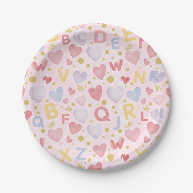 Pink Bokeh Alphabet & Hearts Sweet Pastel Theme Pappteller (Vorderseite)