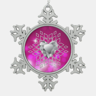 Pink Bokeh Diamond Snowflake & Herz Schneeflocken Zinn-Ornament