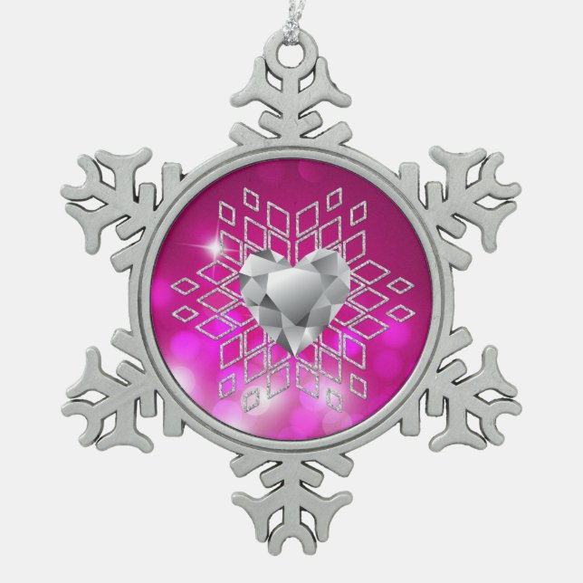 Pink Bokeh Diamond Snowflake & Herz Schneeflocken Zinn-Ornament (Vorderseite)