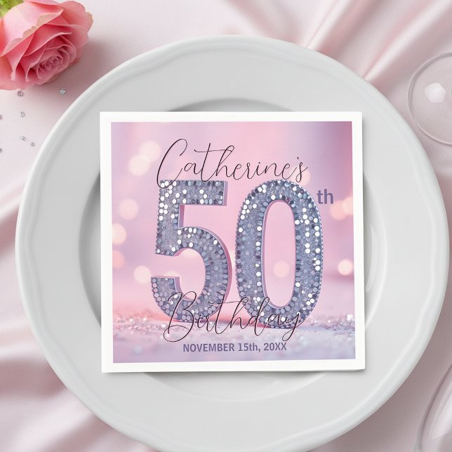 Pink Bokeh Glam Silver Glitter 50th Birthday Serviette (Von Creator hochgeladen)