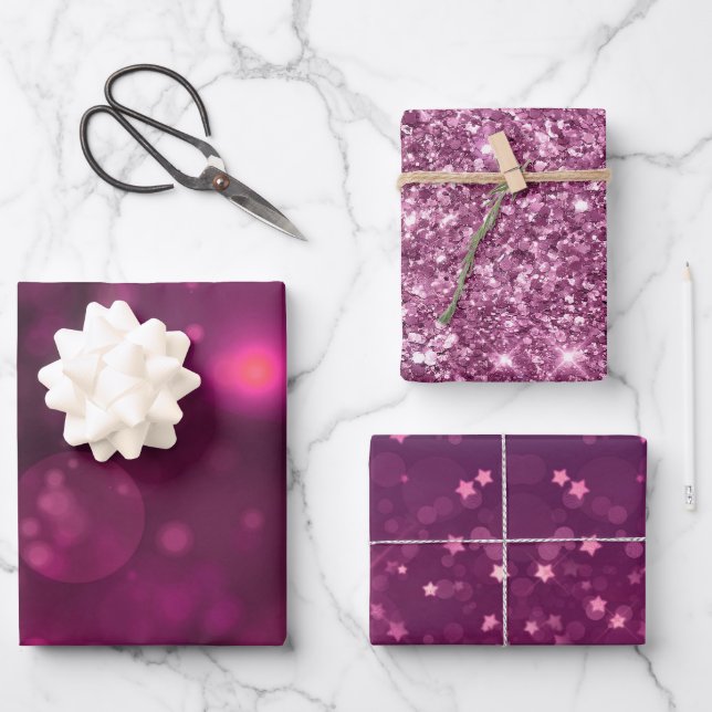 Pink Bokeh Glitzer Stars Geschenkpapier Set (Vorderseite)