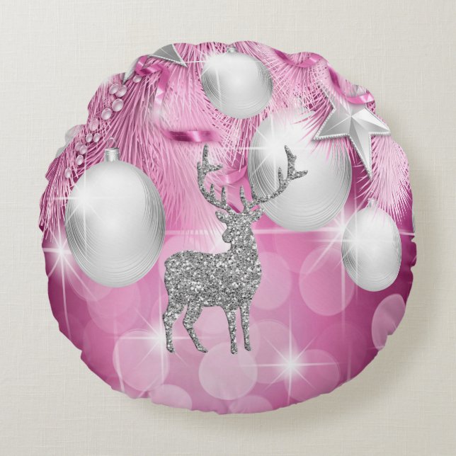 Pink Bokeh Ornament Balls Silver Reinhirse Rundes Kissen (Vorderseite)