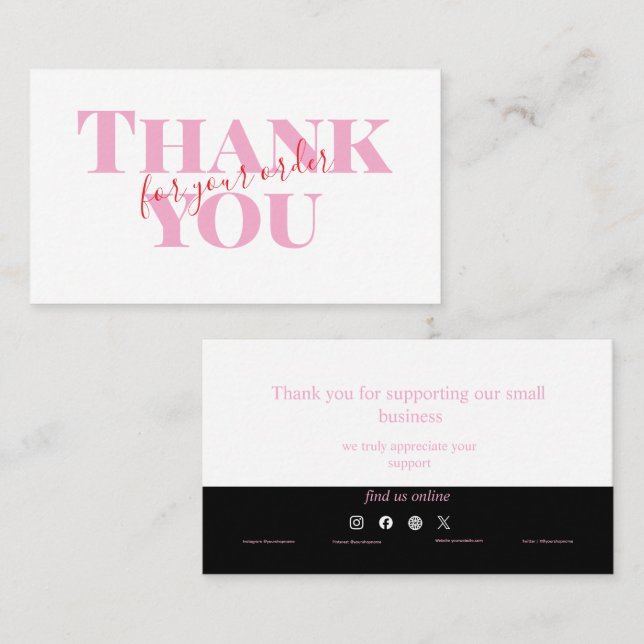 Pink Bold Thank You Card Social Media Small Busine Visitenkarte (Vorne/Hinten)