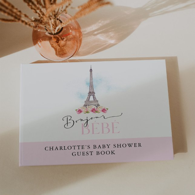 Pink Bonjour Bébé Eiffel Tower Baby Dusche Gästebuch (Von Creator hochgeladen)
