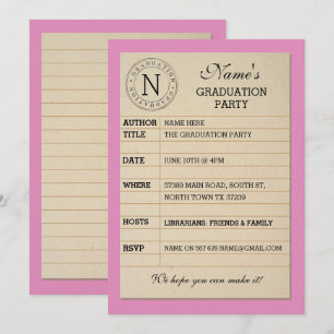 Pink Book Invite der Library Card Graduation Party Einladung