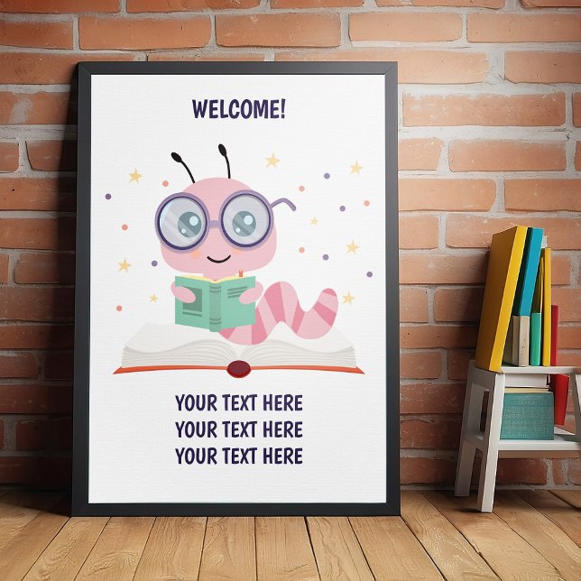 Pink Bookworm Theme Poster (Perfect poster for school book event, book week, and to celebrate birthday and baby showers.)
