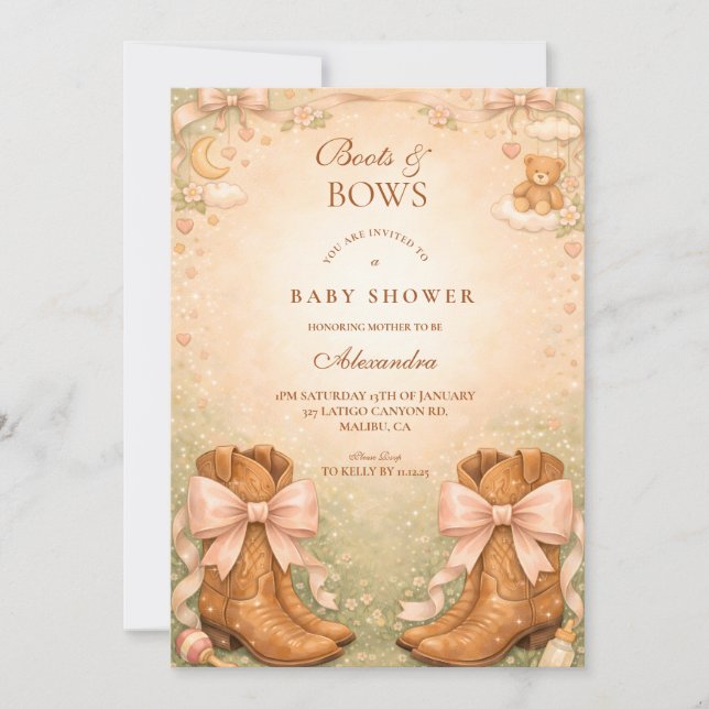 Pink Boots And Bows Girl Baby Shower Einladung (Vorderseite)