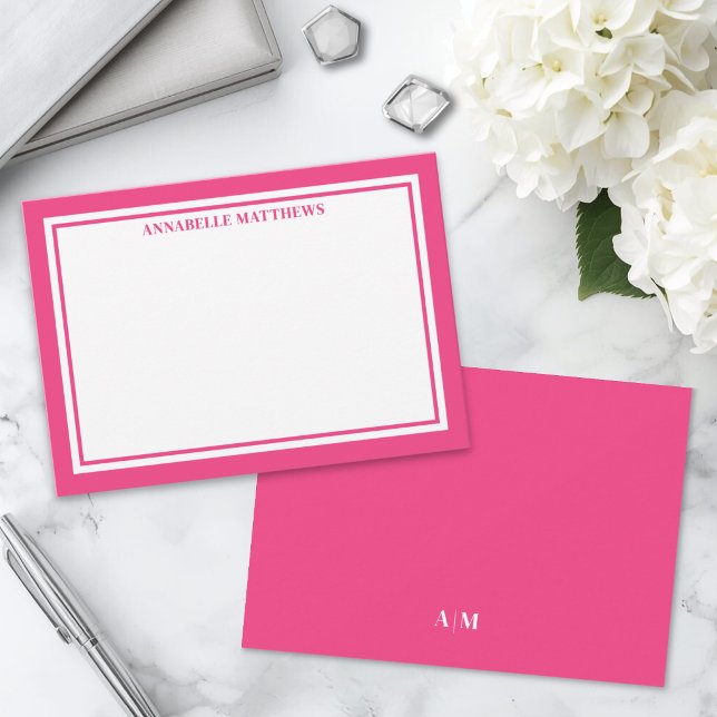 Pink Border Minimalist Name Monogram Mitteilungskarte (Pink Border Minimalist Name Monogram Note Card )