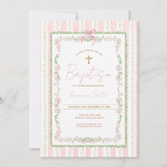 Pink Botanical Baptism Girl Christening Invitation Einladung (Vorderseite)